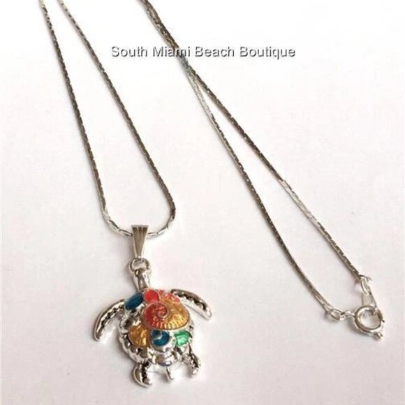 Silver Sea Turtle Necklace 18" Multicolor Colorful Enamel Nautical Island Beach - Picture 6 of 10